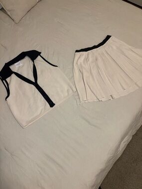 Willow & Wind Knit Set M Cream Black Trim Pleated Skirt Preppy